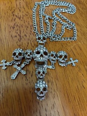Silver Crystal Skull Cross Pendant Necklace - Women's Gothic Necklace